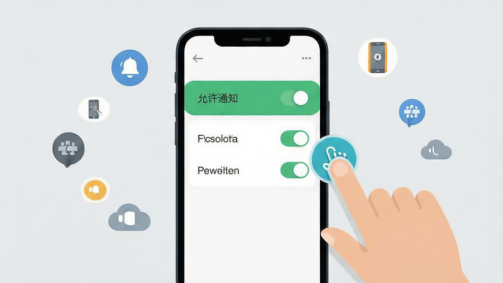 一张展示手机应用安装与权限设置界面的示意图,画面主体为手机屏幕,屏幕上显示“允许通知”“存储权限”等开关选项,旁边有手指点击图标,背景为浅灰色,布局为居中手机加周围小图标环绕,风格为扁平化操作指引,细节包括开关高亮与文字标签,画质高清,干净,无多余元素