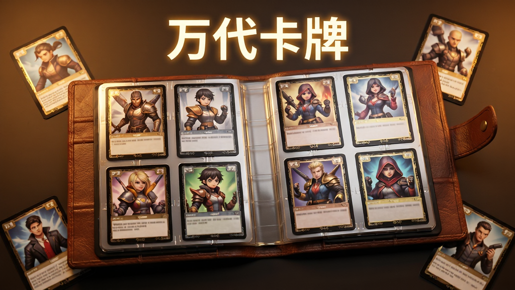 主体为一张展开的卡牌收藏册,卡册内页分格摆放多张不同IP风格的卡牌,卡牌角色形象各异、色彩丰富,布局为卡册居中平铺、四周散落几张单卡,排版上卡册上方以发光字体写出“万代卡牌”,风格为收藏展示与暖光氛围结合,细节包括卡册皮质纹理、卡牌烫金边框、页面高光反射,画质高清、干净、无多余元素