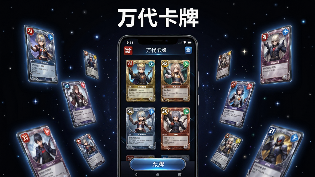 主体为一部竖屏安卓手机,屏幕中央展示万代卡牌应用主界面,界面中排列多张不同IP风格的卡牌,卡牌带有稀有度标识与角色立绘,手机两侧漂浮着发光卡牌虚影,布局为手机居中、卡牌环绕的对称构图,排版上顶部留白放置“万代卡牌”四个字,风格为科技感与卡牌收藏感结合的暗色系视觉,细节包括卡牌边框金属质感、背景星点光效、按钮圆角高光,画质高清、干净、无多余元素