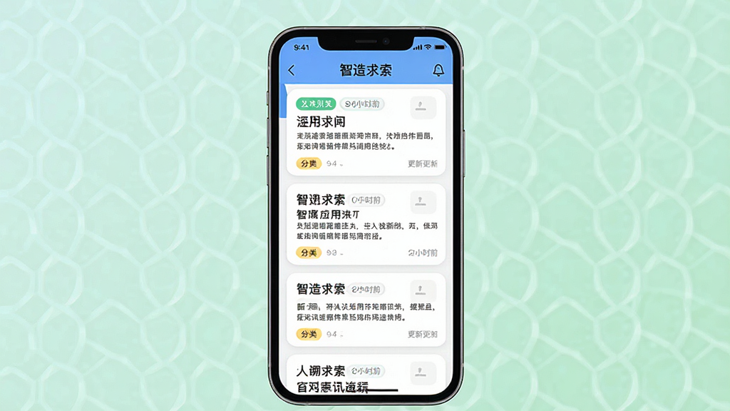 画面主体为“智造求索”应用中的资讯列表页面,多个资讯卡片整齐排列;布局为居中展示手机界面,卡片自上而下分布;排版清晰,标题与摘要层次分明;风格为清爽扁平化UI插画;细节包括卡片圆角、分类标签、更新时间文字;画质清晰,干净,无多余元素