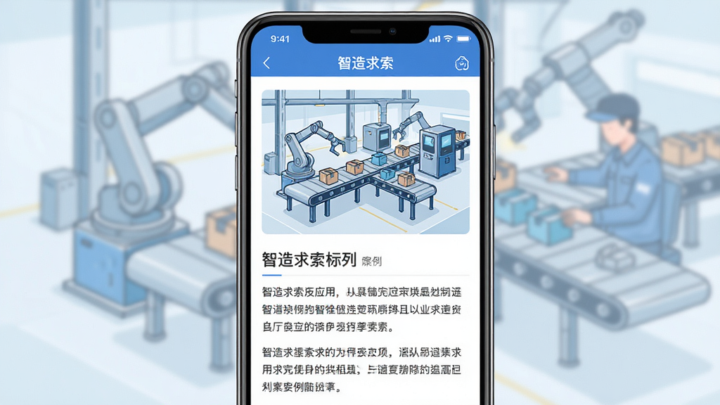 画面主体为“智造求索”应用中的案例详情页,页面中显示工厂生产线配图与文字说明;布局为手机界面居中,配图位于页面上方,文字段落位于下方;排版规整,图文分区明确;风格为简约商务插画;细节包括“智造求索”应用名称、案例标题、段落文字;画质清晰,干净,无多余元素