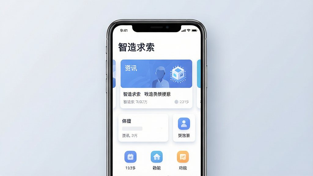 画面主体是一部竖屏智能手机,屏幕中显示“智造求索”应用首页界面,包含资讯卡片与功能图标;布局为手机居中放置,背景为浅灰蓝色渐变;排版突出手机屏幕内容,四周留白干净;风格为现代科技感扁平插画;细节包括屏幕内文字“智造求索”、简洁的卡片式布局、柔和阴影;画质清晰,干净,无多余元素