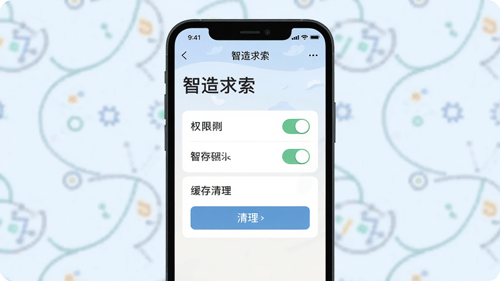 画面主体为手机屏幕展示“智造求索”应用设置页面,包含权限开关与缓存清理选项;布局为手机居中,界面元素清晰可见;排版简洁,选项纵向排列;风格为扁平化界面插画;细节包括“智造求索”标题、开关按钮、清理按钮;画质清晰,干净,无多余元素
