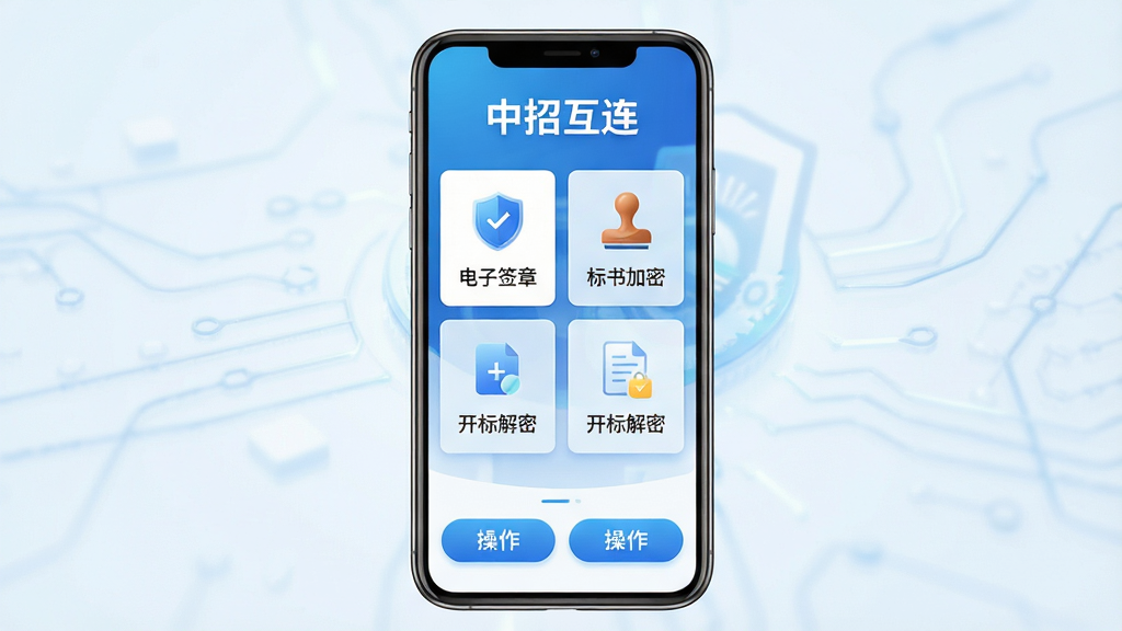 画面主体是一部智能手机竖屏展示招投标应用界面,屏幕内呈现电子签章、标书加密、开标解密等功能模块的图标化布局,排版采用上下分层结构,上方为软件名称