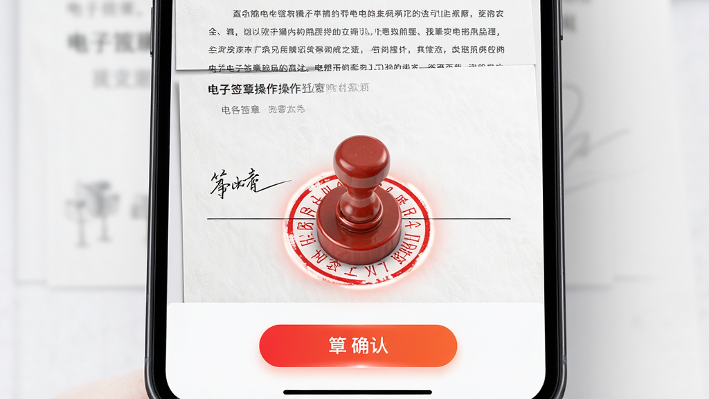 画面主体为一部手机屏幕显示电子签章操作界面,中央为一枚圆形红色电子印章正加盖在文件落款处,布局采用居中构图,排版上文件内容占据屏幕上半部分、签章按钮位于下半部分,风格为商务科技感,细节包含文件纸张纹理、印章光效、确认按钮高亮状态,画质高清,界面干净,无多余元素