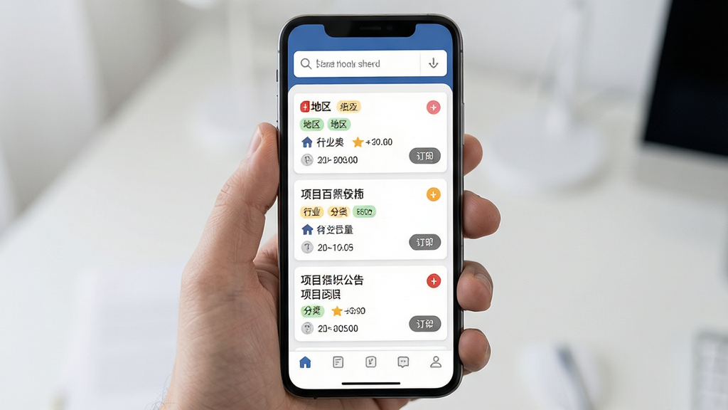画面主体为手机屏幕展示招投标项目信息列表界面,布局采用卡片式纵向排列,排版上顶部为搜索筛选栏、中部为多条项目公告卡片、底部为导航菜单,风格为简洁信息流设计,细节包含地区标签、行业分类图标、时间戳、订阅按钮,画质清晰,界面清爽,无杂乱元素