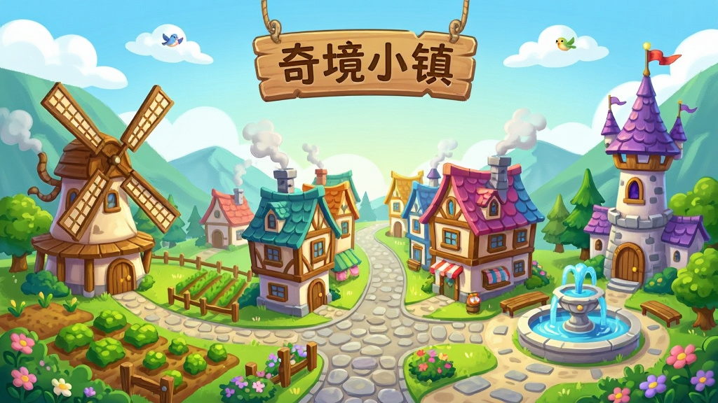 主体为一座坐落在山谷间的奇幻小镇全景,布局上左侧是木质风车与农田,中间是石板街道与彩色尖顶房屋,右侧是魔法塔与喷泉广场,排版采用横向宽幅构图,风格为清新治愈的卡通插画风,细节包括屋顶烟囱冒出的炊烟、路边盛开的花丛、天空中漂浮的几朵白云和小鸟,画质清晰明亮,画面干净,无多余元素,图片中央上方有