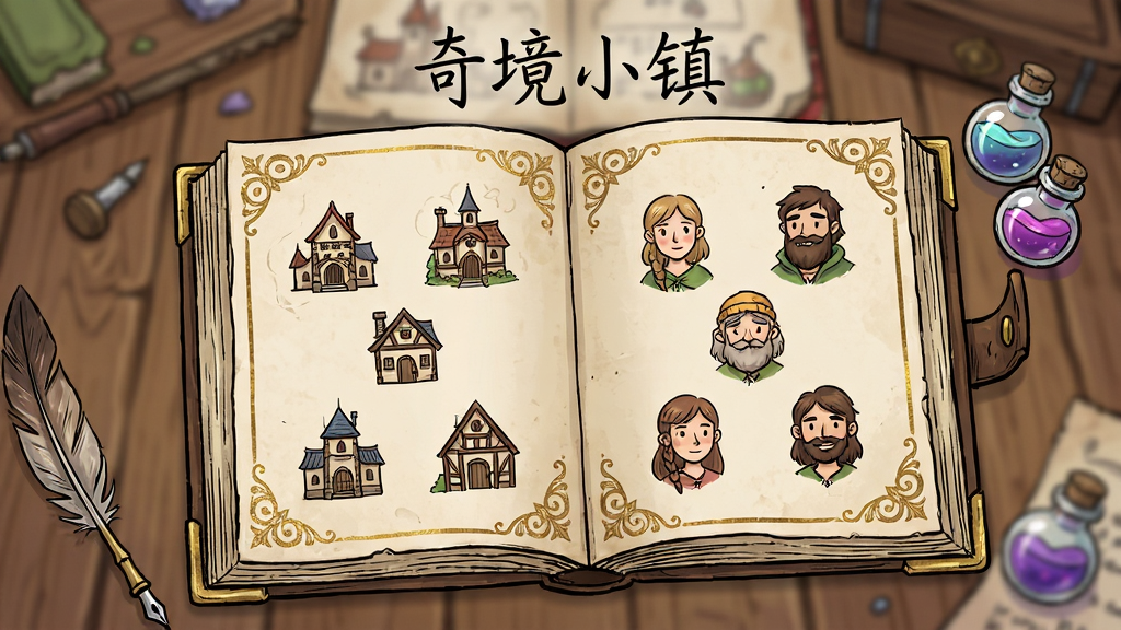 主体为一本摊开的奇幻风格图鉴书,布局上书本占据画面中心,左右两页分别展示建筑图标和居民头像,排版采用俯视视角的静物构图,风格为复古手账插画风,细节包括书页边缘的烫金花纹、散落在旁的羽毛笔和小瓶魔法药水、背景是模糊的木质桌面,画质清晰,画面干净,无多余元素,书页上方有