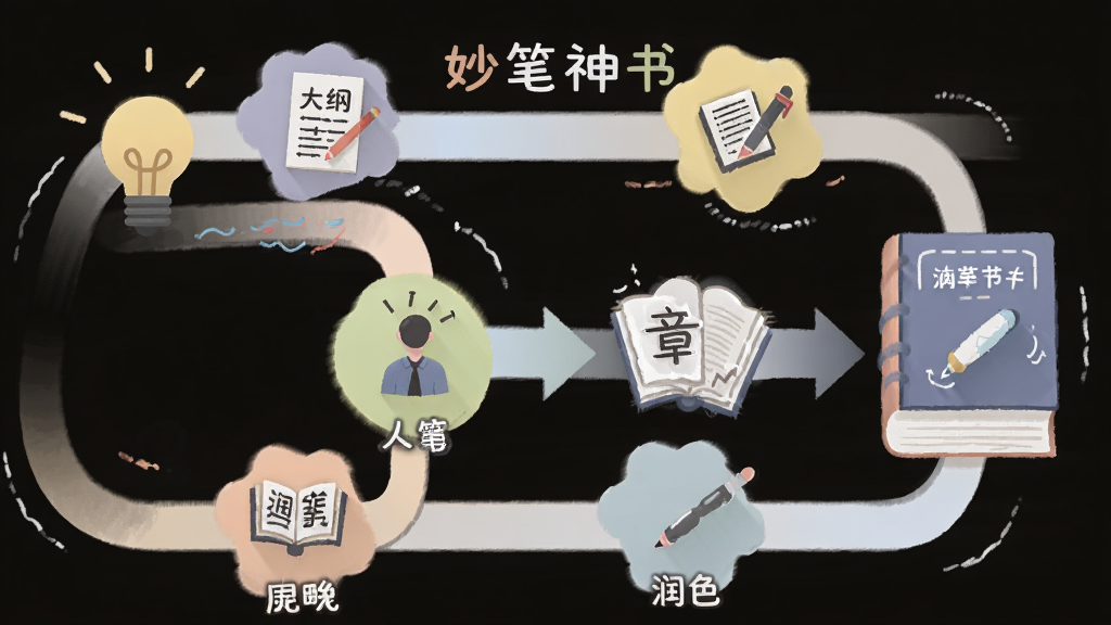 一幅流程图风格的插画,展示从灵感灯泡到书籍成品的路径,路径上分布着大纲、人物、章节、润色四个节点,每个节点有对应的图标,画面中有“妙笔神书”品牌字样,风格扁平化设计,色彩柔和,细节清晰,画质干净