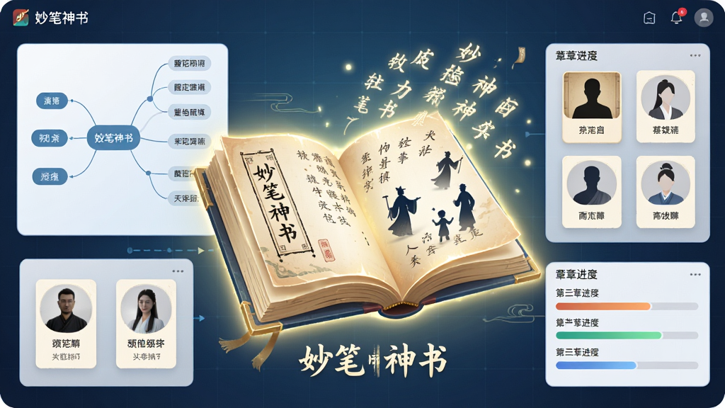 一幅展示妙笔神书软件界面的数字插画,画面中央是一本悬浮发光的古风书籍,书页中飞出文字与人物剪影,周围环绕着大纲脑图、人物卡片和章节进度条,布局清晰有层次,风格为现代科技与国风融合,细节包含“妙笔神书”字样,画质高清,画面干净,无多余元素