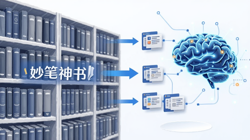 一张表现AI记忆存储概念的插画,画面左侧是一排排整齐的书籍档案架,右侧是发光的数字大脑连接着章节卡片,中间有箭头表示信息提取,风格简洁商务,色调以蓝白为主,突出“妙笔神书”文字标识,画质清晰,构图干净