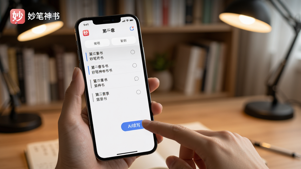 一部智能手机屏幕显示妙笔神书编辑器界面,旁边有一只手正在点击AI续写按钮,背景是书房环境,画面中有“妙笔神书”logo和章节列表侧边栏,风格写实,光线柔和,画质清晰,构图干净