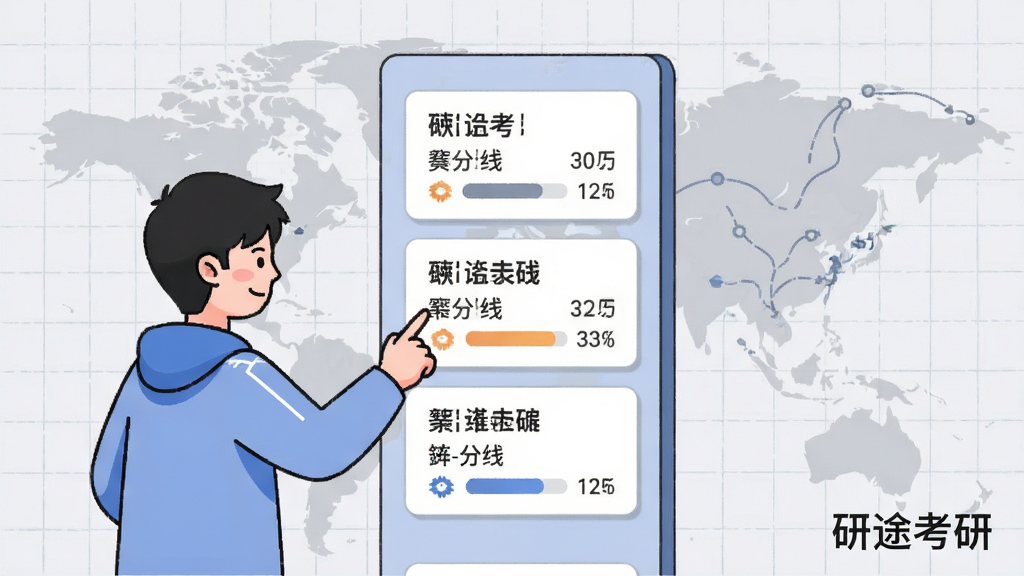 画面中央为一块竖向信息面板,面板上以卡片形式排列多所院校名称与分数线数据,旁边有一位学生模样的卡通人物正用手指点选院校卡片,背景为浅灰色网格与地图轮廓线条,布局为左人右面板,风格为简约信息图插画,细节上突出院校卡片与数据条,画质清爽干净,画面中可出现“研途考研”字样,无多余元素