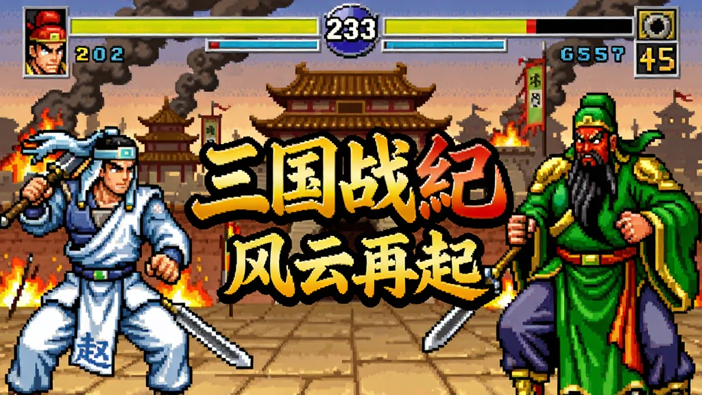 横版街机格斗游戏主界面,画面中央是三国战纪:风云再起游戏Logo,左右两侧分别站着赵云和关羽的像素风武将立绘,背景为古代城池与战火硝烟,整体采用复古街机像素风格,色彩鲜艳对比强烈,构图饱满,画质清晰干净,无多余元素