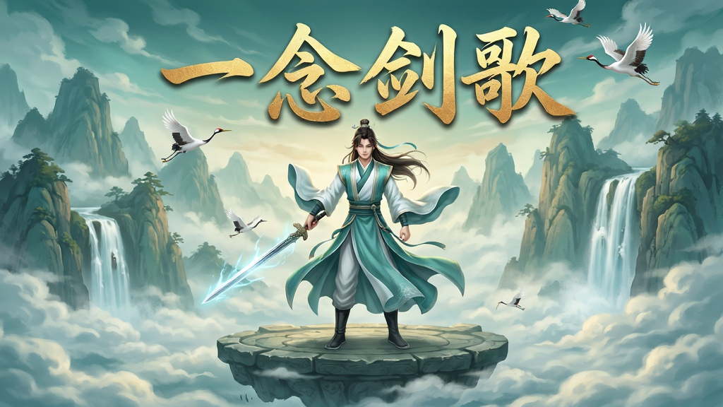 画面主体为一款名为“一念剑歌”的仙侠手游宣传图,布局采用中心对称构图,中央是一位身着青白色长袍的年轻剑修持剑而立,脚下是悬浮于云海之上的石台,背景远处有层叠的山峦与飞瀑,天空中有仙鹤掠过,排版上在画面顶部居中位置用金色毛笔字体书写“一念剑歌”四个大字,风格为国风唯美仙侠插画,细节上注重衣袂飘动、剑身寒光、云雾流动的质感表现,画质高清细腻,画面干净无多余装饰元素,整体色调以青绿与暖金为主