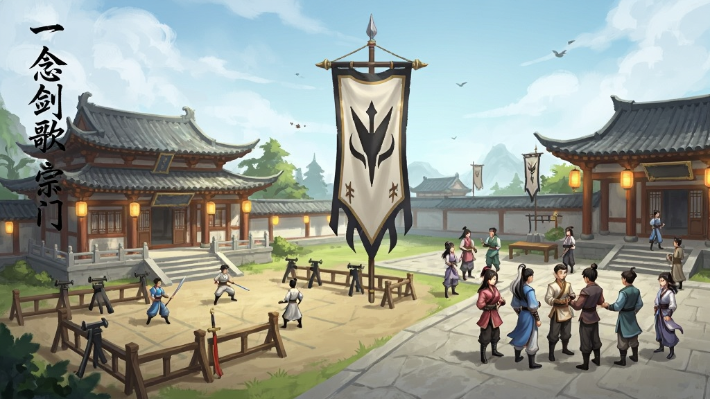 画面主体为“一念剑歌”游戏中的宗门场景,布局采用横向展开的卷轴式构图,左侧是宗门大殿与演武场,右侧是成员们聚集交流的广场,中央悬浮着一面宗门旗帜,排版上在画面左上角以竖排书法字体写“一念剑歌宗门”字样,风格为国风游戏场景概念图,细节上刻画建筑飞檐斗拱、灯笼高挂、弟子服饰各异且动作自然,画质细腻明亮,画面干净有序无多余杂物