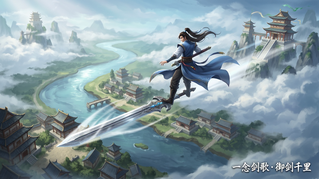 画面主体为仙侠游戏“一念剑歌”中的御剑飞行场景,布局上采用广角俯瞰视角,一名剑修脚踏飞剑翱翔于云层之上,下方是蜿蜒的河流与错落的古风建筑群,排版上画面右下角以小字标注“一念剑歌御剑千里”,风格为仙侠奇幻CG插画,细节上突出飞剑划破云层的轨迹、衣袍随风猎猎作响的动态感以及远处若隐若现的仙山楼阁,画质精致清晰,画面干净通透无杂乱元素