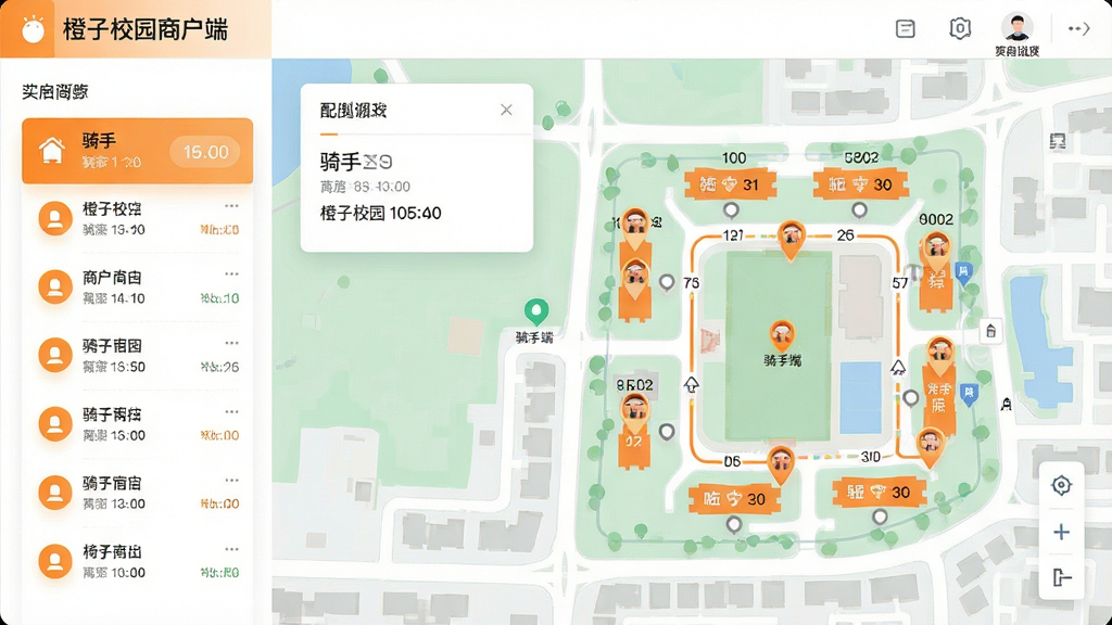 画面主体为橙子校园商户端配送调度地图界面,布局为左侧骑手列表右侧校园地图路径规划,排版采用卡片式信息浮层,风格为清新浅色科技风,细节上地图中标注宿舍楼栋编号与骑手位置图标,画质高清干净无多余元素,图片中文字标注“橙子校园商户端”