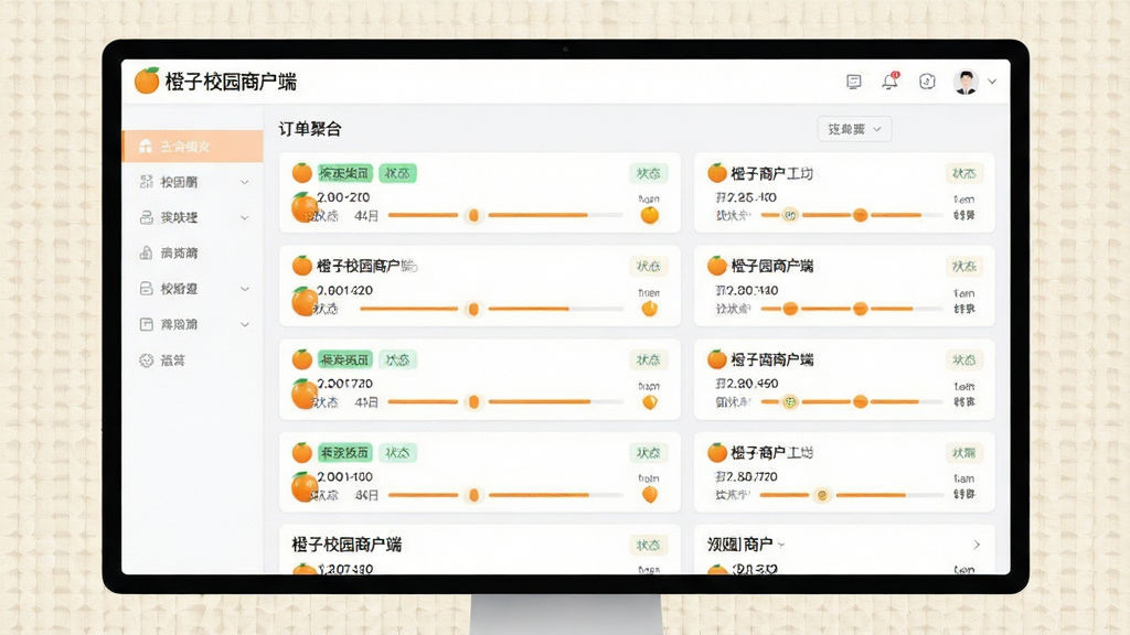 画面主体为橙子校园商户端订单聚合工作台界面特写,布局为中央大屏展示多条订单卡片纵向排列,排版清晰分区明确,风格为简洁商务风,细节上订单卡片带有状态标签与倒计时进度条,背景有浅色网格纹理,画质高清干净无多余元素,图片中文字标注“橙子校园商户端”