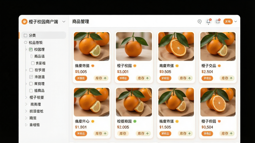 画面主体为橙子校园商户端商品管理后台界面,布局为左侧分类树右侧商品卡片网格,排版整齐有序,风格为柔和圆角商务风,细节上商品卡片展示图片价格与库存标签,画质高清干净无多余元素,图片中文字标注“橙子校园商户端”