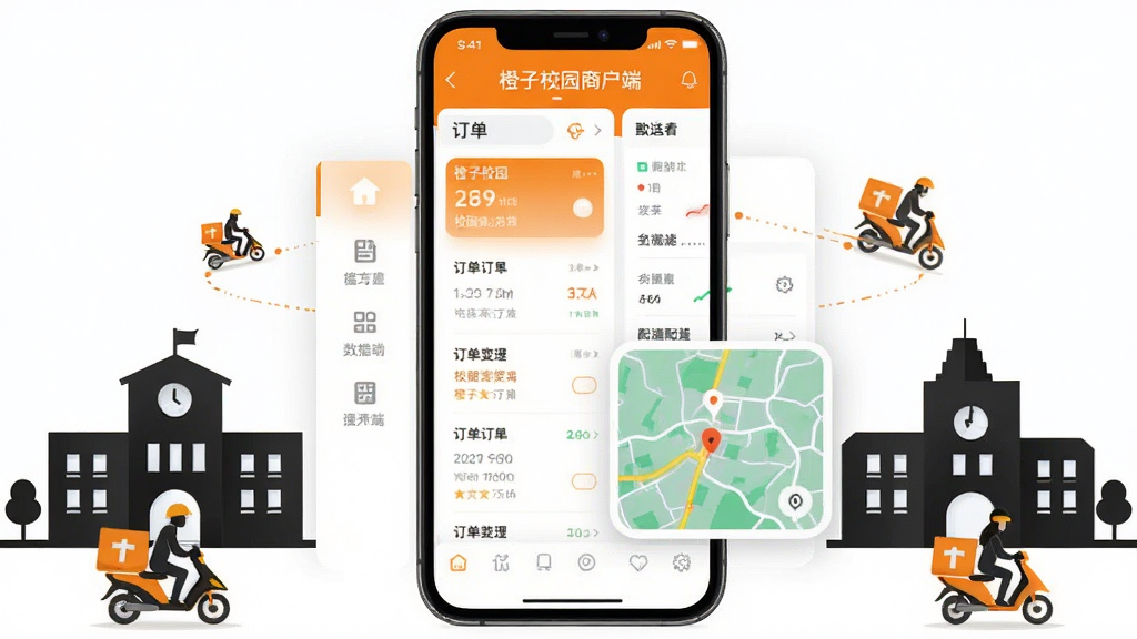 画面主体是一部智能手机居中展示橙子校园商户端应用界面,界面包含订单列表与配送地图模块,布局采用左右分栏排版,左侧为功能导航右侧为数据看板,风格为现代扁平化科技风,细节上手机周围环绕校园建筑剪影与配送骑手图标,画质高清干净无多余元素,图片中文字标注“橙子校园商户端”