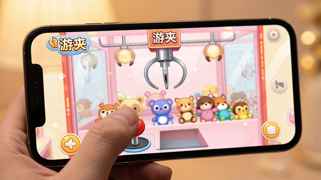 一张展示手机抓娃娃操作界面的特写图,画面中一只手握持手机,拇指正按在屏幕上的虚拟摇杆区域,手机屏幕显示抓娃娃机的夹爪和玩偶,界面带有