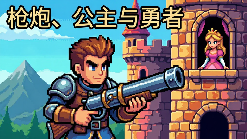 画面主体是一位手持枪炮的勇者站在奇幻城堡前,布局为勇者居中偏左、公主在城堡窗口右侧、背景有远山和云层,排版采用横版游戏宣传图风格,像素画风搭配鲜艳色彩,细节包括勇者的装备纹理、枪炮的金属质感、城堡砖墙的明暗变化,画质清晰干净无多余元素,图片中打文字“枪炮、公主与勇者”