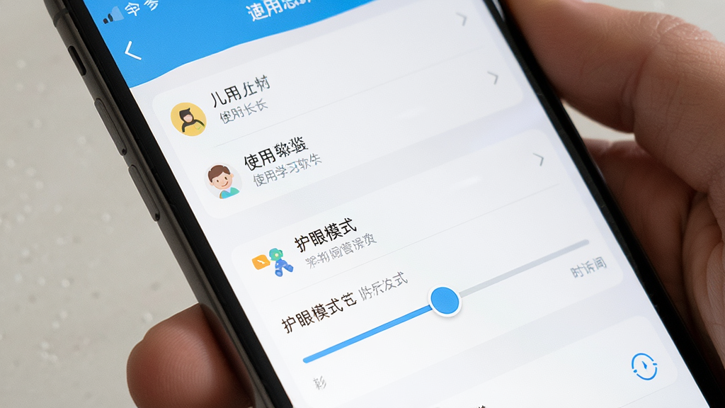 家长在手机设置界面查看儿童学习软件的使用时长与护眼模式选项,画面展示设置菜单列表和时长滑块,布局为手机屏幕特写,风格简洁实用,细节包含清晰的图标和文字标签,画质干净无杂乱元素