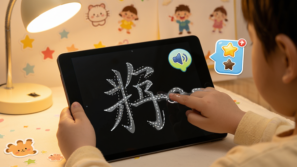 儿童手持平板进行汉字描红练习,屏幕上显示带虚线笔顺的汉字和手指书写轨迹,旁边有发音喇叭图标和星星奖励弹窗,布局以学习界面为主体,风格温馨亲子场景,细节包含柔和灯光和卡通贴纸,画质清晰自然