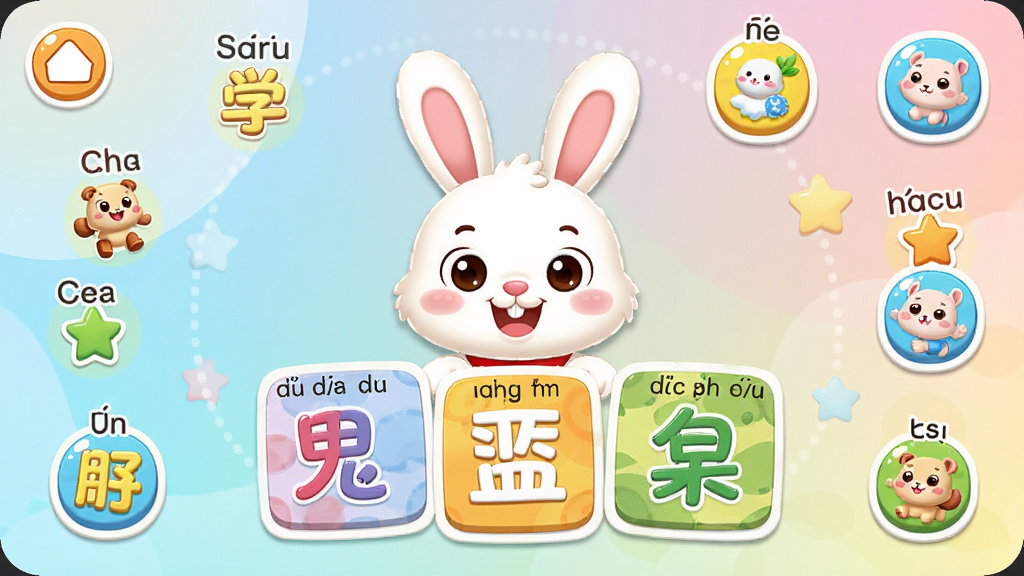 儿童早教识字软件主界面展示,画面中央是卡通兔子形象与彩色汉字卡片,周围环绕拼音标注和动画小图标,布局清晰分为学习区与游戏区,风格活泼童趣,细节包含圆润字体和柔和渐变背景,画质高清干净无多余元素