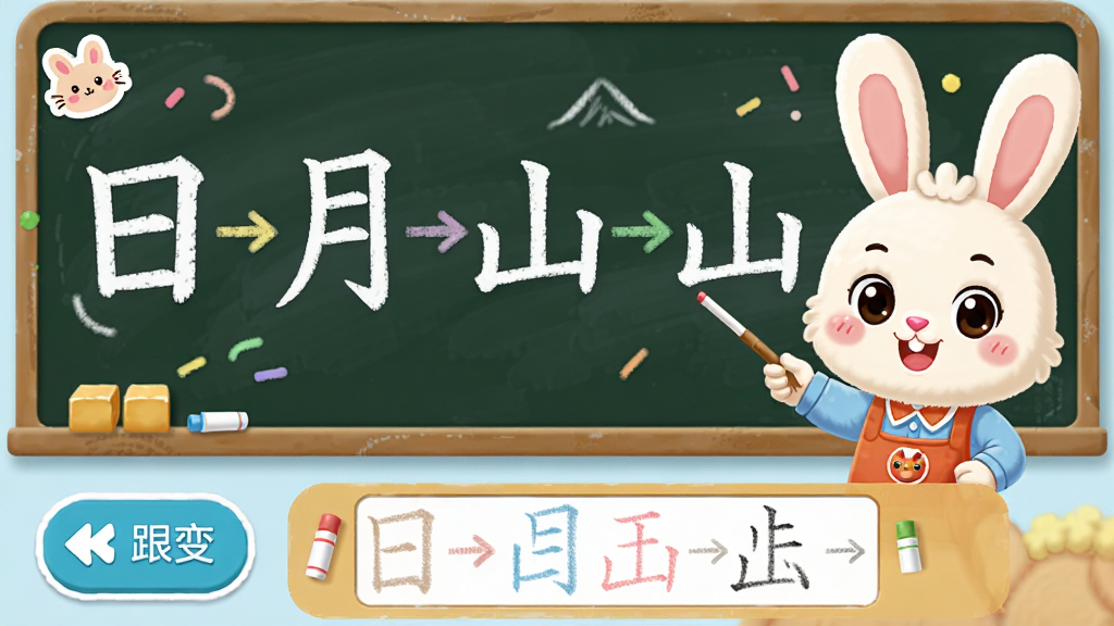 卡通兔子老师站在黑板前讲解汉字演变,黑板上有