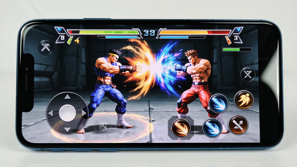 主体为一部智能手机横屏显示格斗游戏对战画面,布局采用手机居中、画面中两名角色正在释放技能,排版屏幕下方为虚拟摇杆与技能按钮,风格为移动游戏操作界面实拍示意,细节包含技能特效光效绚丽、按钮布局合理、手机边缘有轻微反光,画质清晰、干净、无多余元素