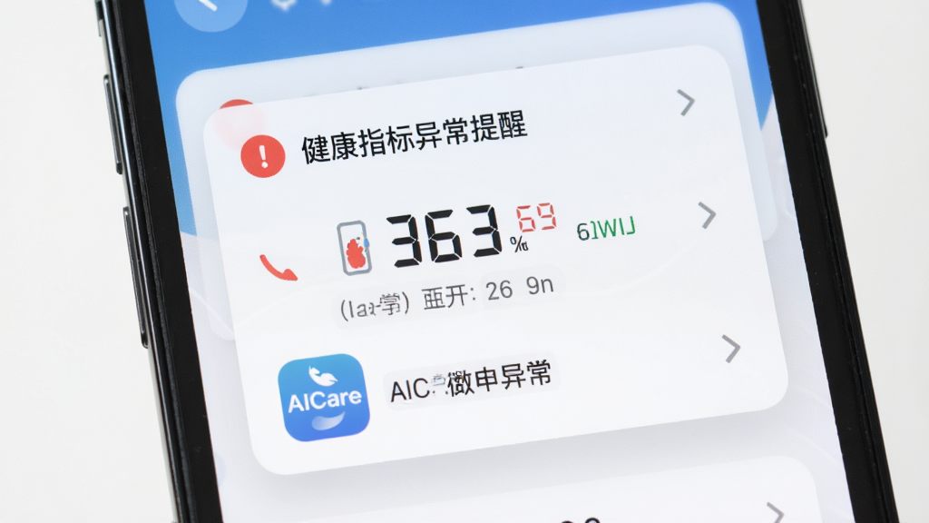 主体是手机屏幕上弹出健康指标异常提醒卡片,布局为手机居中特写,排版聚焦屏幕内容,风格为简洁UI展示风,细节包括红色提醒标识、血压数值、AICare应用图标,画质高清干净无多余元素