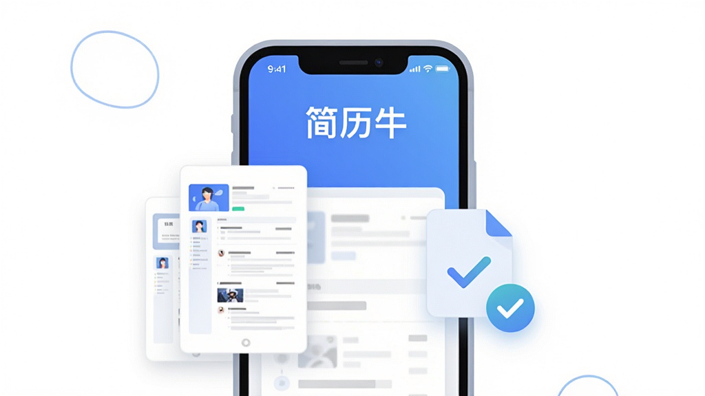 画面主体是一部竖屏智能手机,屏幕中展示简历牛软件的简历编辑界面,左侧浮现简洁的简历模板缩略图卡片,右侧悬浮文档图标与对勾符号,布局为居中构图,上方留白放置软件名称“简历牛”,整体采用扁平化插画风格,配色为蓝白渐变搭配浅灰,细节上手机边框圆润、图标线条干净,画质清晰锐利,背景纯净无多余元素