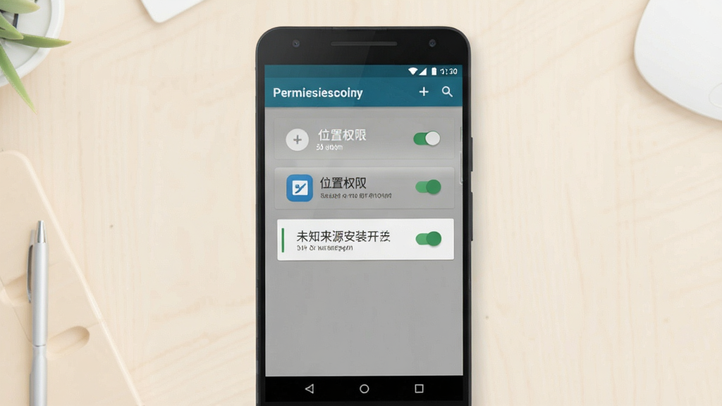 一幅安卓手机安装应用权限设置的示意图,画面展示手机屏幕上的权限管理界面,包含位置权限与未知来源安装开关的示意按钮,界面风格简洁扁平,背景为浅色桌面,细节包括开关状态的高亮与文字标签的清晰排版,画质清晰,画面干净,无多余元素