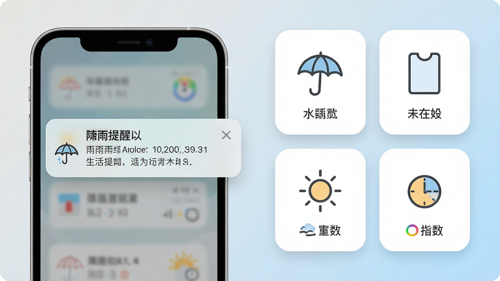 一幅手机通知与生活指数结合的示意图,画面左侧为手机屏幕弹出降雨提醒通知,右侧为生活指数卡片排列,卡片上带有雨伞、衣物、太阳等简洁图标,整体背景为浅灰到浅蓝的柔和过渡,风格生活化且清爽,细节包括通知卡片的圆角与图标线条,画质高清,画面干净,无多余元素