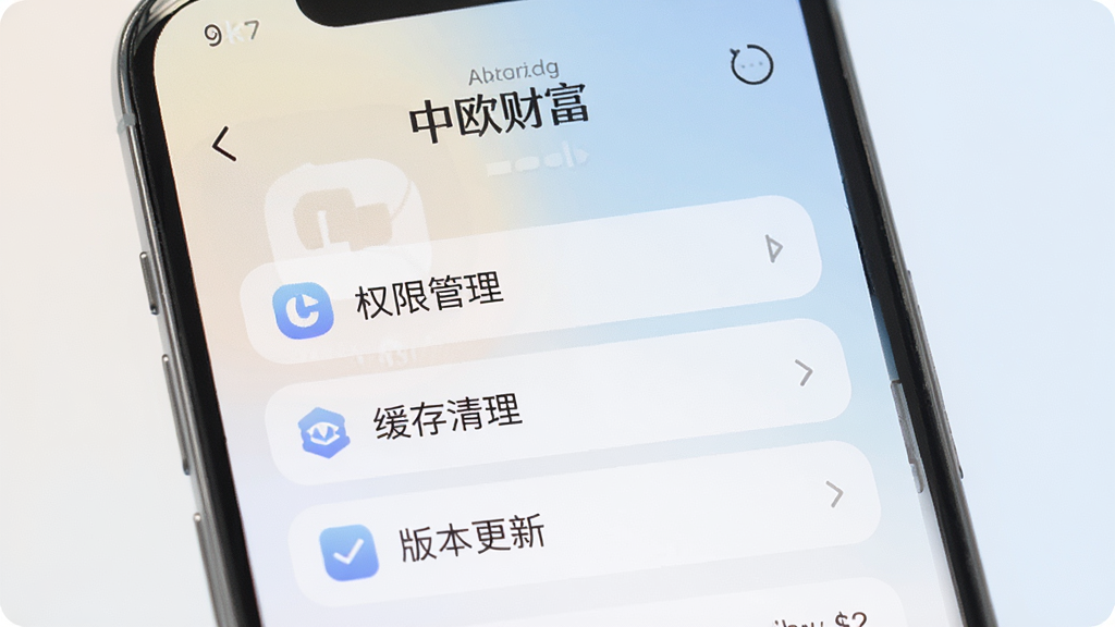 手机屏幕显示“中欧财富”应用设置页面,画面中有权限管理、缓存清理与版本更新选项,背景为浅色渐变,排版清晰,风格柔和圆角,细节完整,画质干净