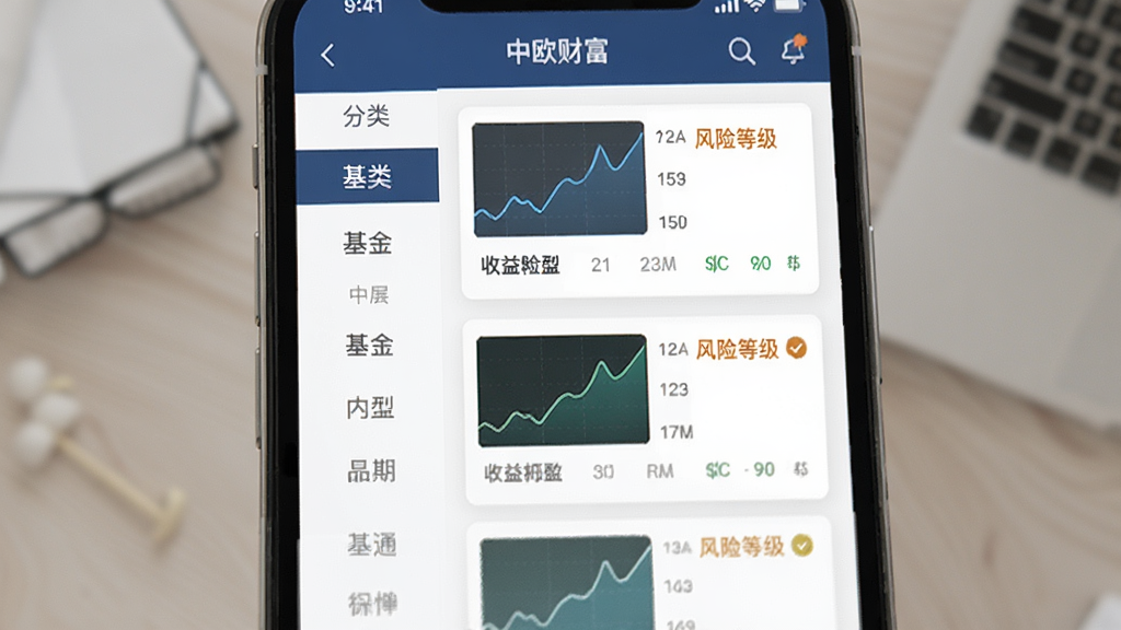 手机应用界面展示“中欧财富”基金筛选页面,左侧为分类标签,右侧为基金列表卡片,卡片上有收益曲线小图与风险等级标识,布局整洁,风格简约商务,画质清晰,干净无杂乱