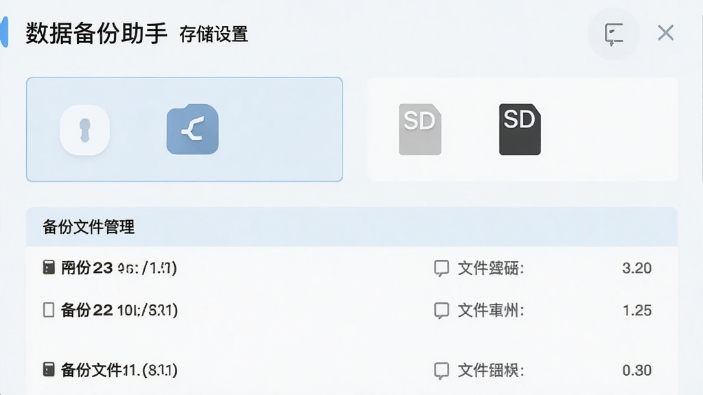 数据备份助手存储设置界面,展示内部存储与外部SD卡两个选项图标,下方有备份文件管理列表显示备份时间与文件大小,界面风格清爽浅色,布局规整,画质清晰,干净简洁