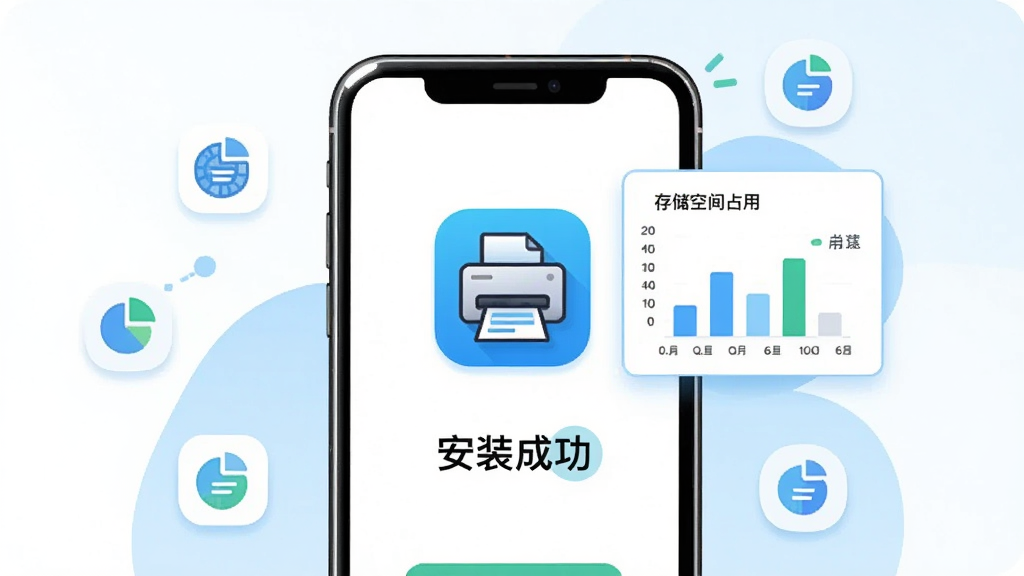 画面主体为万能打印机软件在手机上的安装完成界面,手机屏幕显示应用图标和「安装成功」字样,旁边漂浮存储空间占用的小图表;布局为手机居中,周围有轻量的数据图标点缀;风格为明快简洁的插画风,白色与浅蓝背景;细节包括图标上的打印机图案、存储条的小刻度、手机边缘的高光;画质干净清晰,无多余元素