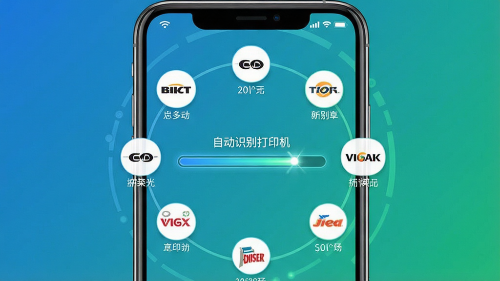 画面主体为万能打印机软件界面中的设备识别页面,屏幕中央显示「自动识别打印机」的进度条和多个品牌图标环绕;布局为手机居中、品牌图标呈环形排列;风格为清爽科技插画,蓝绿渐变背景;细节包括进度条的光效、图标下方的小字型号标签、顶部状态栏的Wi-Fi信号;画质干净清晰,无多余装饰元素