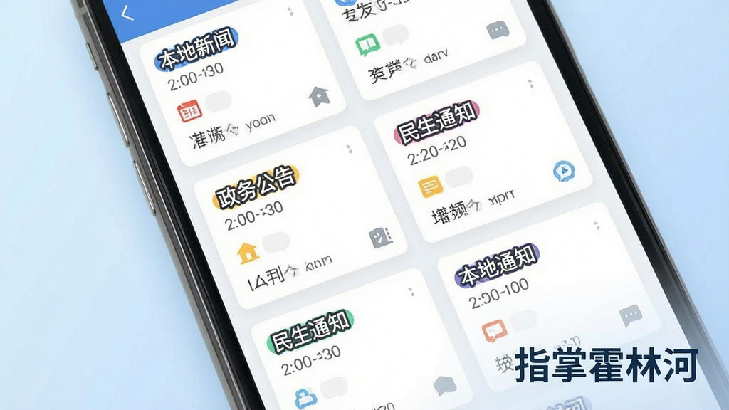 一张表现本地资讯聚合功能的图片,画面主体为一部手机屏幕展示分类新闻卡片,卡片上标注“本地新闻”“政务公告”“民生通知”等标签,背景为淡蓝色渐变,排版采用网格布局,风格简洁商务,细节包含时间戳与分类图标,画面中带“指掌霍林河”文字标识,画质清晰,干净,无多余元素