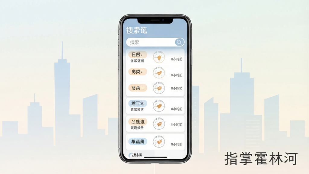 一张表现本地信息查询场景的图片,画面为手机屏幕展示分类信息列表与搜索框,背景为简洁的城市剪影与浅色渐变,排版采用卡片式布局,风格清爽素雅,细节包含分类标签与时间显示,画面中带“指掌霍林河”文字,画质清晰,干净,无多余元素