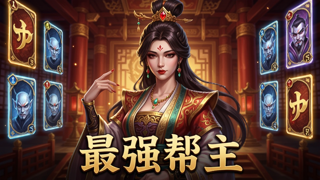 画面中央是一位身着国风华丽服饰的女性卡牌角色半身像,背景为深红与金色交织的帮派殿堂场景,左右两侧排列着数张发光的卡牌,画面下方有
