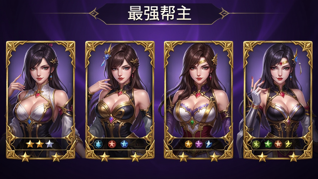 画面展示六张并排竖立的美女卡牌角色立绘,每张卡牌边框为金色雕花样式,卡牌下方标注星级与属性图标,背景为深紫色渐变,顶部有
