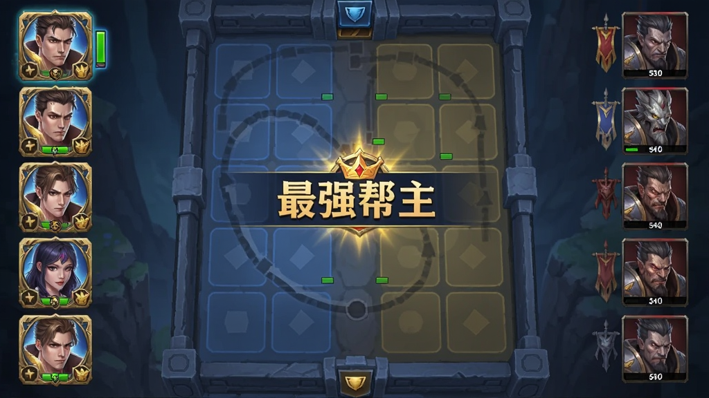画面为竖屏手机游戏战斗布阵界面,左侧显示我方五名卡牌角色头像纵向排列,右侧为敌方阵容,中间是战斗场地俯视图,画面中央有