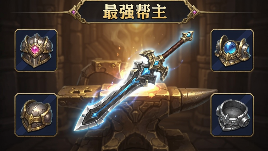 画面展示一把悬浮在中央的发光神兵武器,周围环绕着四件不同部位的装备图标,背景为暗金色锻造台场景,上方有