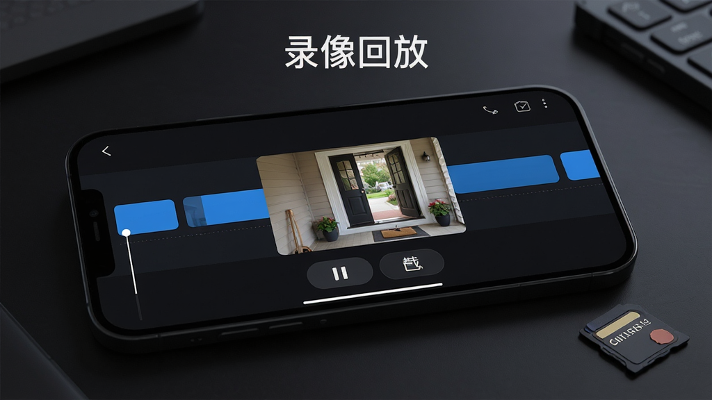 画面主体为手机横屏显示录像回放时间轴界面,时间轴上分布着多个蓝色录像片段色块,屏幕中央为回放画面显示门口场景,下方有暂停与截取按钮,手机横置于深色桌面,旁边有一张存储卡,布局为横屏特写,上方以简洁字体标注“录像回放”,风格为科技感暗色调,细节突出时间轴色块与画面缩略图的层次,画质清晰,画面干净,无多余元素