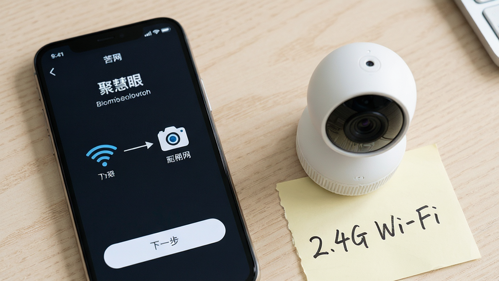 画面主体为手机屏幕显示“聚慧眼”设备配网引导页面,页面上有Wi-Fi图标与摄像头图标之间的连接示意箭头,下方有“下一步”按钮,手机旁边放置一台小型白色摄像头与一张手写便签写着“2.4G Wi-Fi”,布局为手机与摄像头并排展示,背景为浅色桌面,风格为教程图解风,细节强调界面引导元素的清晰度与摄像头机身的质感,画质高清,画面干净,无多余元素
