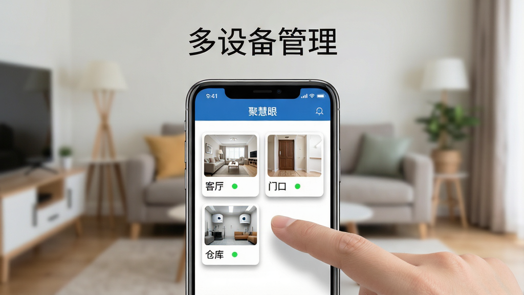 画面主体为一只手正在点击手机屏幕上的设备添加按钮,手机屏幕显示“聚慧眼”软件的设备管理列表,列表中排列着客厅、门口、仓库三台设备的缩略图与在线状态圆点,背景为虚化的家庭客厅环境,布局为手机特写居中,上方以简洁字体呈现“多设备管理”字样,风格为生活化数码场景,细节突出手指与屏幕的交互动作以及设备卡片的阴影层次,画质清晰,画面干净,无多余元素